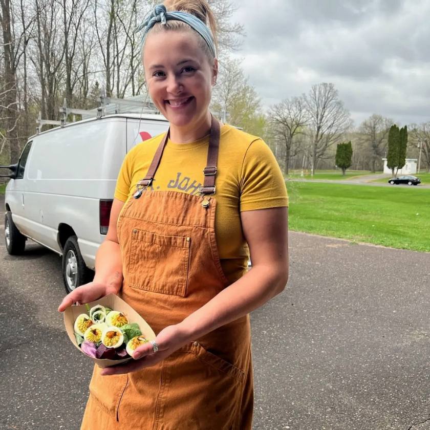 Chef Sarah Middlestadt holding picked eggs
