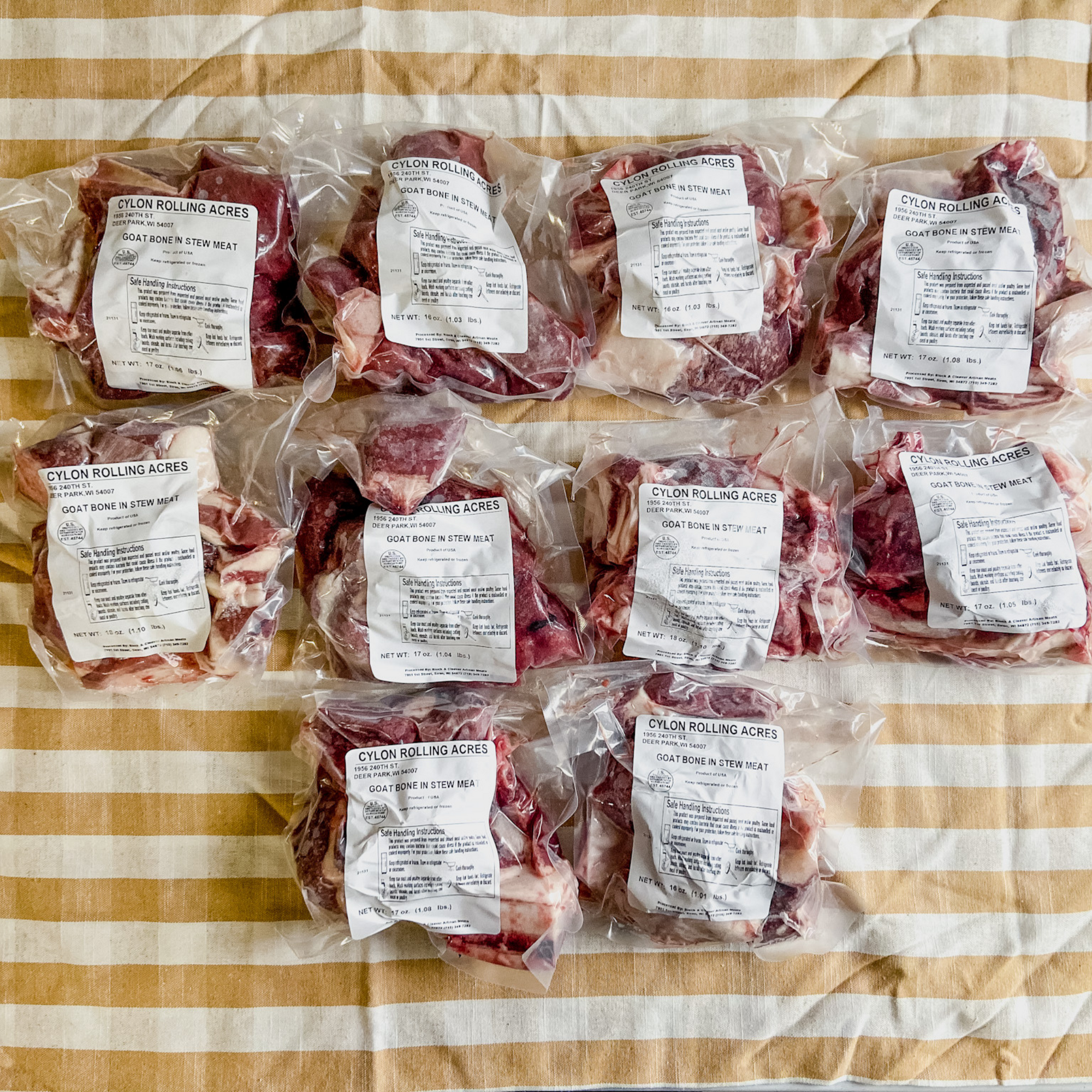 10 pounds of packaged goat bone stew meat for sale.