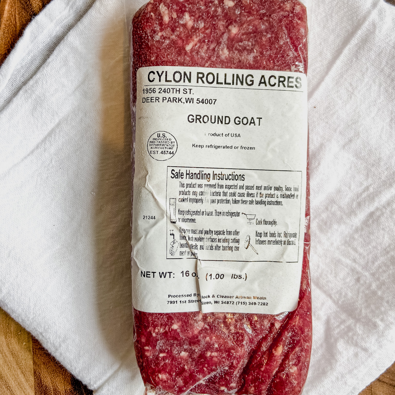 One pound of frozen farm raised goat meat for sale.