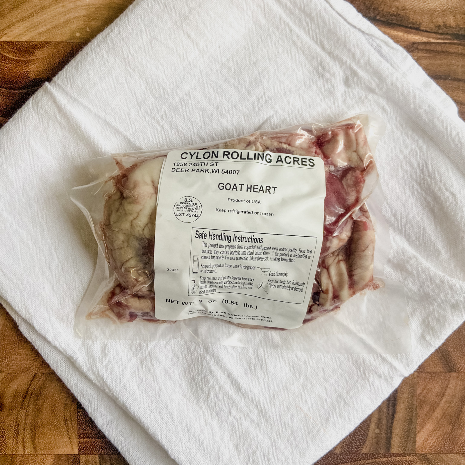 Packaged goat heart meat for sale.