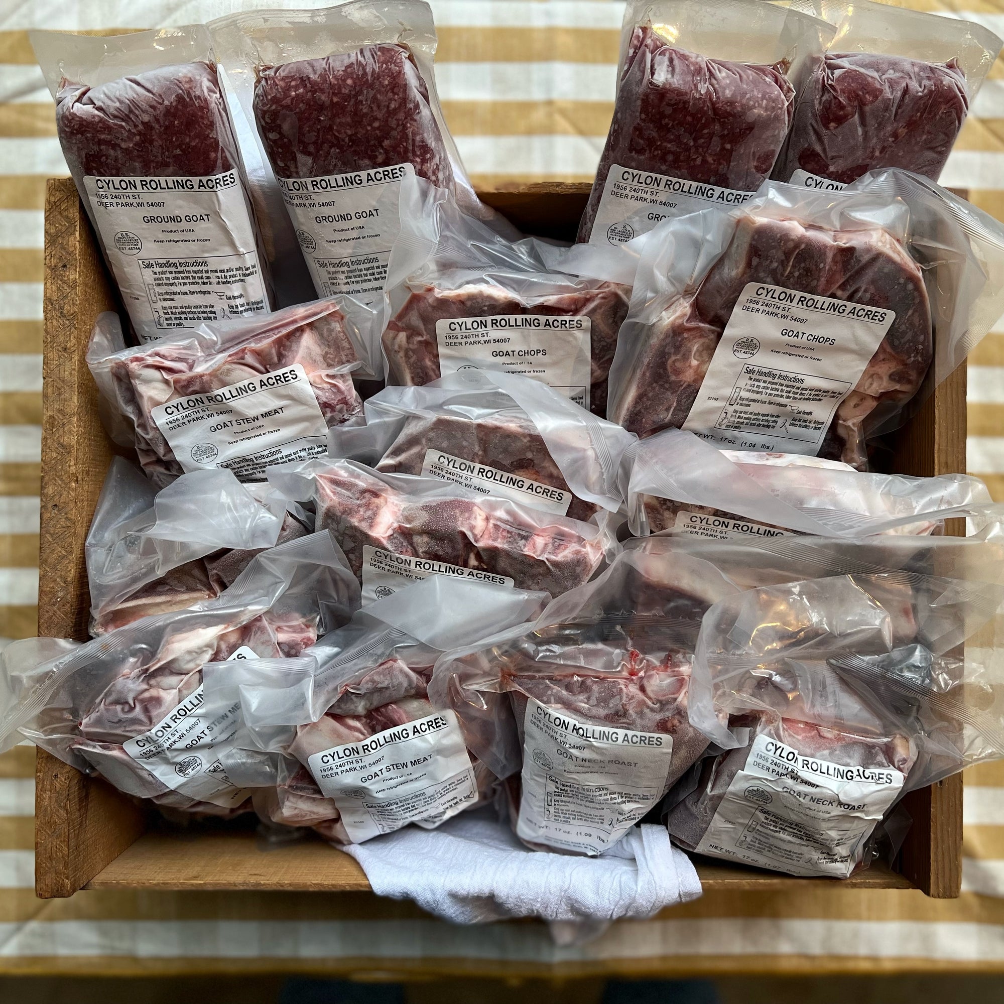 Box of various farm raised goat meat, packaged and frozen.