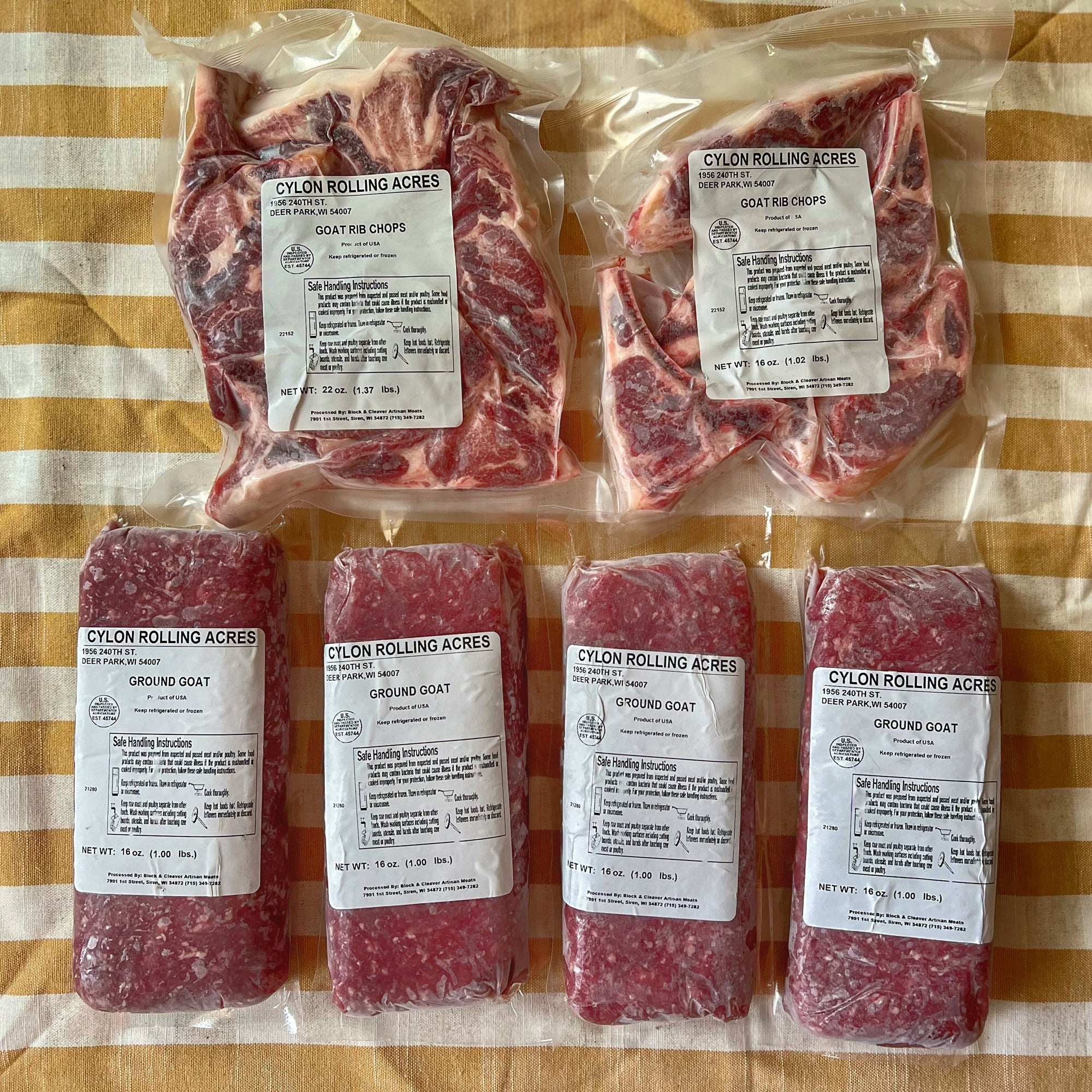 Frozen farm raised goat chops and ground goat meat.